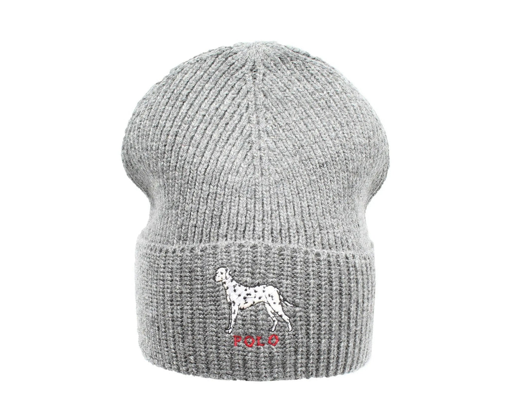Polo Ralph Lauren Dalmatian Dog Knit Cuffed Beanie Hat Charcoal